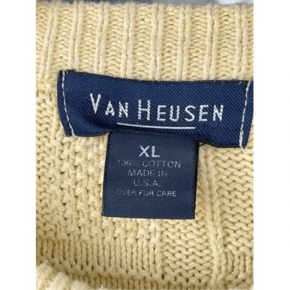 VTG Van Heusen 100% Cotton‎ Grandpa Sweater Butter Yellow Waffle Windowpane Knit